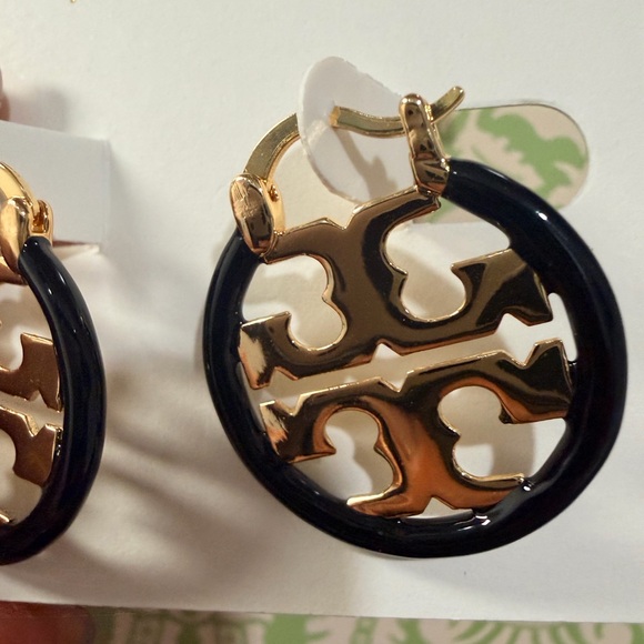 Tory Burch Miller Small Hoop Earrings Black Ename - Picture 5 of 7